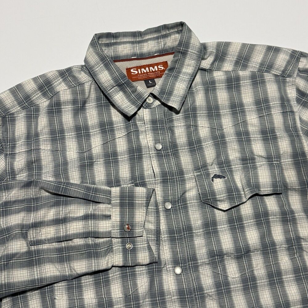 Simms Big Sky Shirt Men's Large Gray Plaid Fishing Pearl Snap Vented Mesh Back